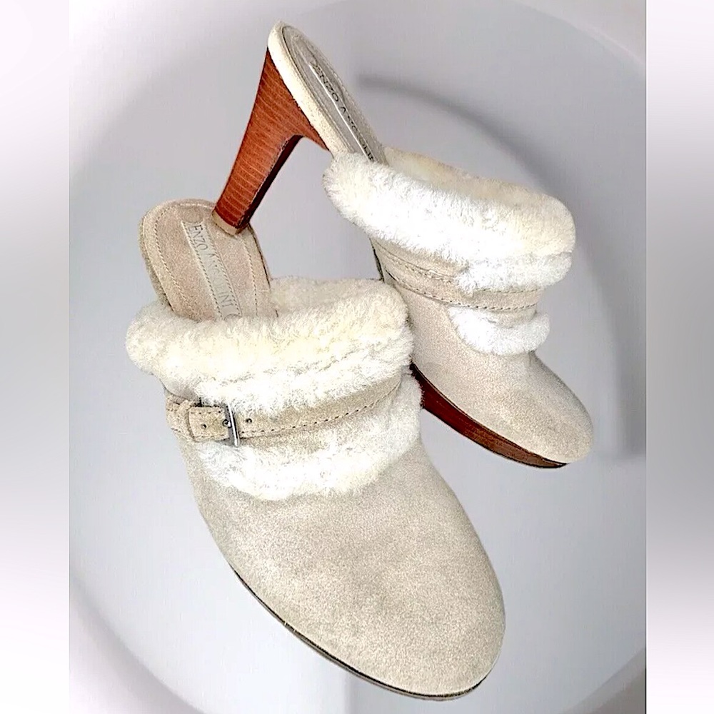 ❄️ENZO ANGIOLINI❄️ *EATERCERO* SUEDE SHERLING 3.9” HEEL MULE CLOGS EUC🐑